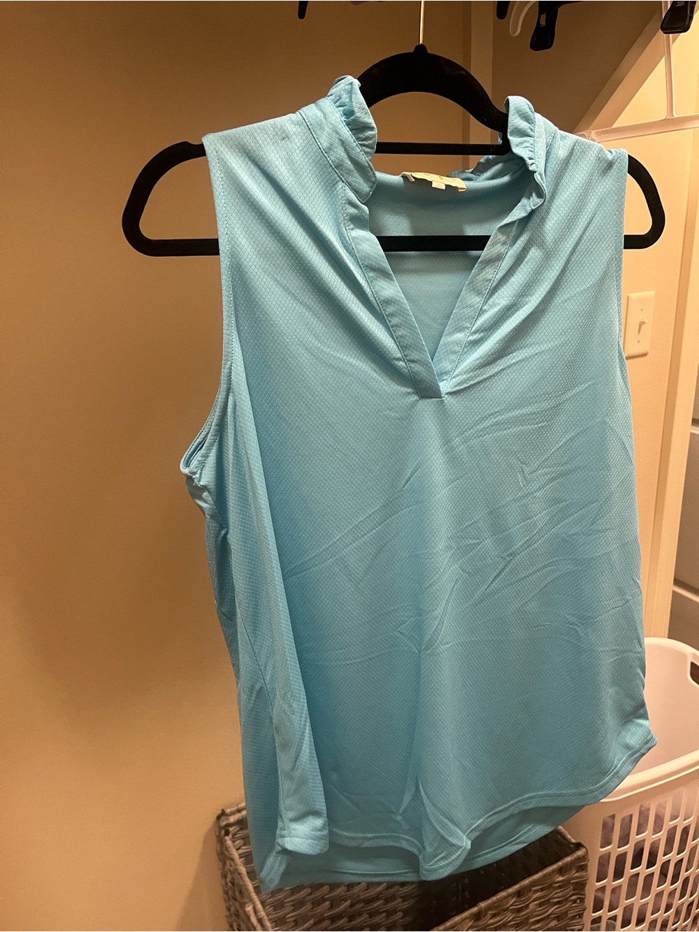 Light Blue Sleeveless V-Neck Ruffle Collar Tank